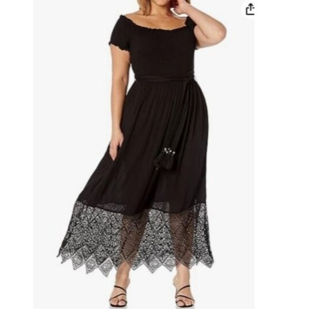 City Chic Black Crochet Lace Hem Maxi Dress Size 24 Ruched Front NWT